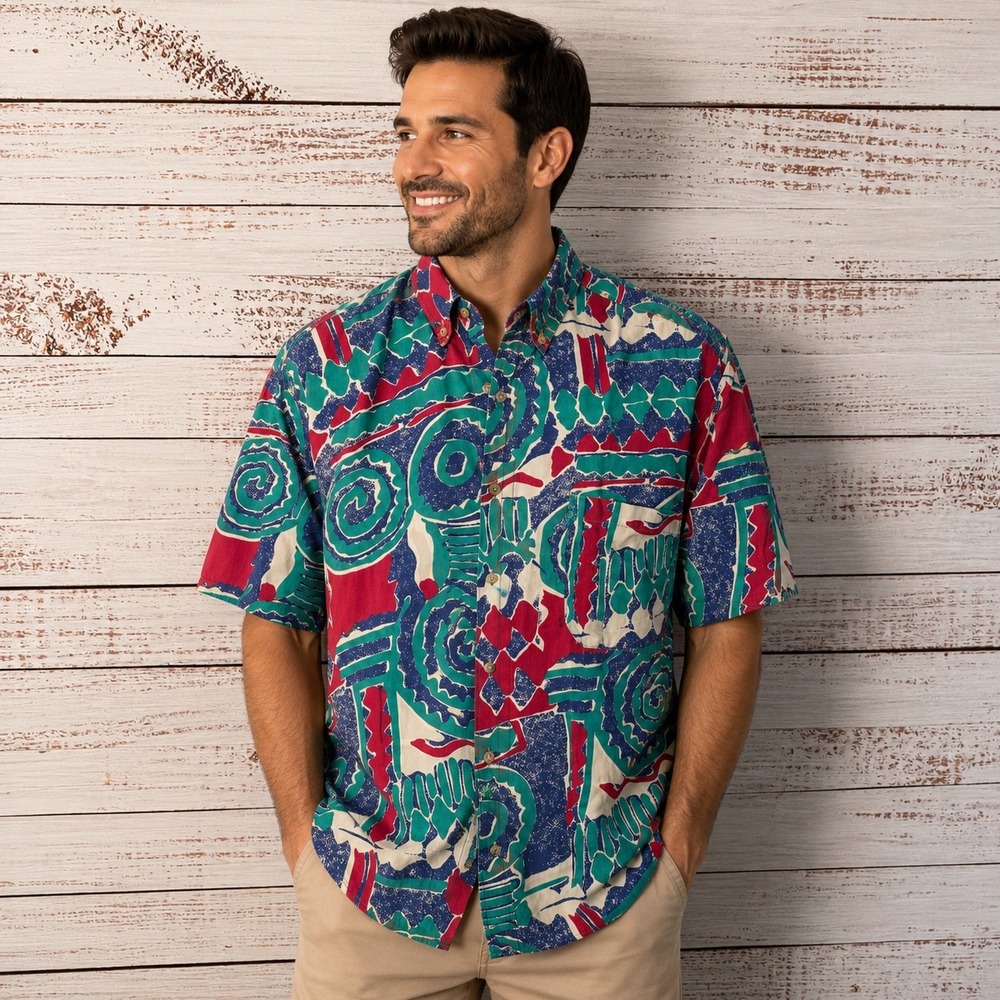 Vintage Apparel Workshop Abstract Geometric Shirt Men M 90s Cotton Button Up USA